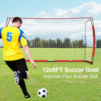 12x6ft Portable Soccer Goal Heavy Duty Metal Frame Foldable Backyard Soccer Net Fiberglass Support Training Equipment With Bag