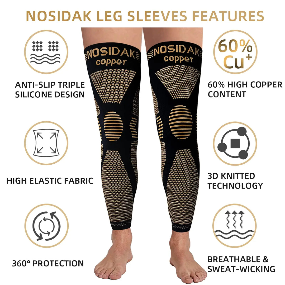 1Pcs Copper Long Knitted Compression Knee Braces - Full Leg Compression Sleeves for Men & Women - Support for Exercise ﻿