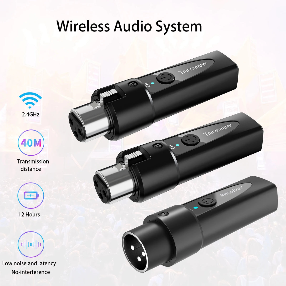 XLR Wireless Microphone Transmitter Receiver，  2.4Ghz Microphone Wireless System, Rechargeable Wireless Mic Adapter for Audio Mi