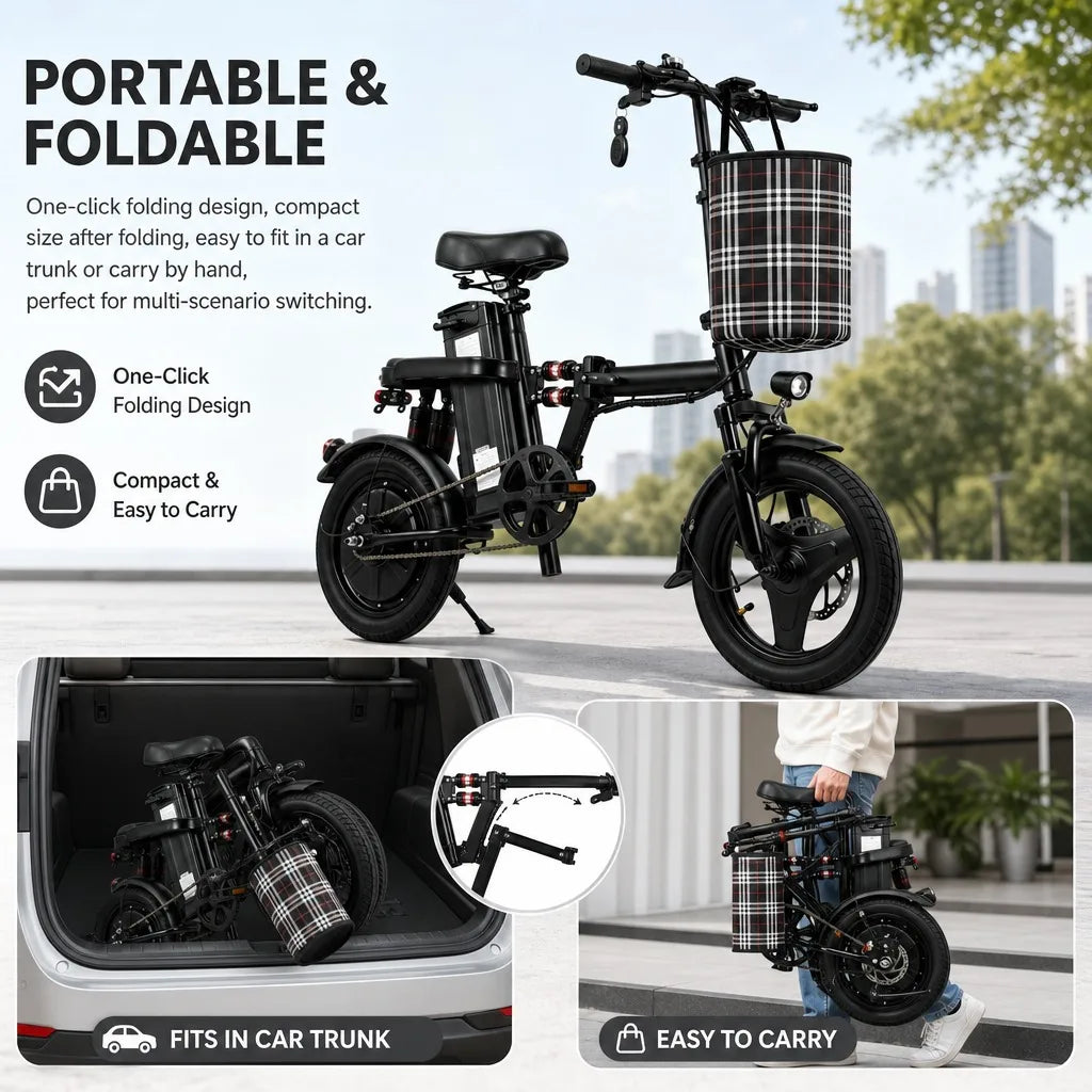 Foldable Electric Bike for Adults 500W 48V 15Ah 14" Tires 8 Shock Absorbers Portable Commuter E-Bicycle Folding Scooter