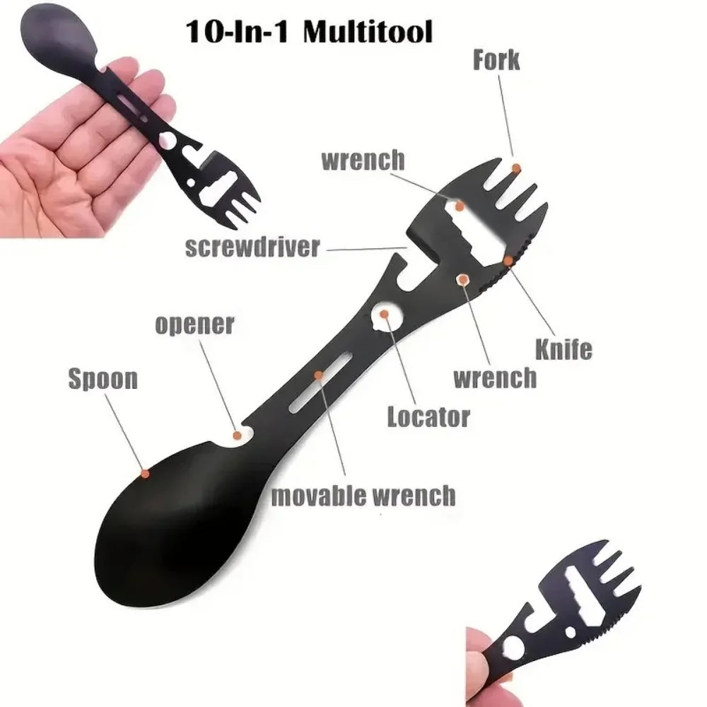Multifunctional Outdoor Spoon Fork Tool 10 in 1 Survival Kit with Wrench Saw Edge Practical Fork Knife Spoon Bottle/Can Opener