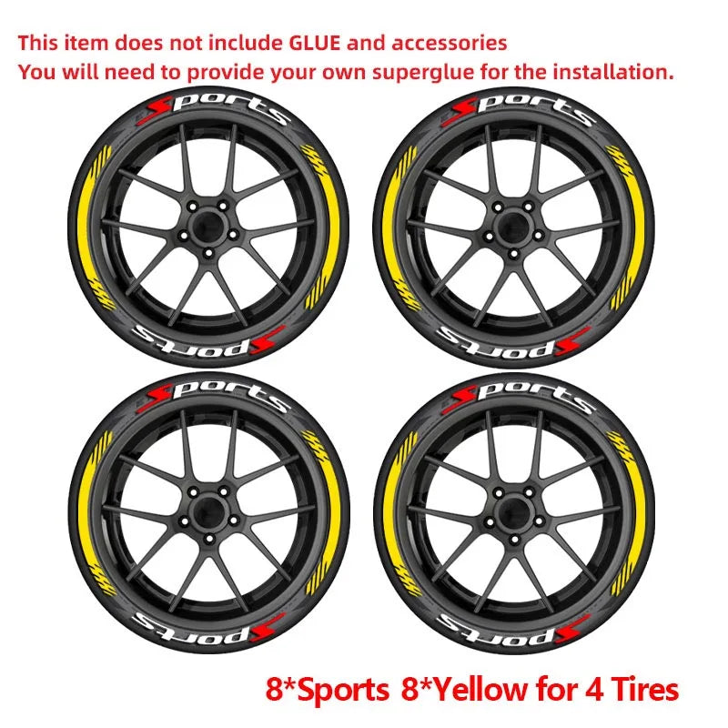 SPORTS Tire Letter Stickers 8PCS for 4 Wheels Universal Rubber Tire Decals Racing JDM Wheel Sidewall Car Accessories DIY