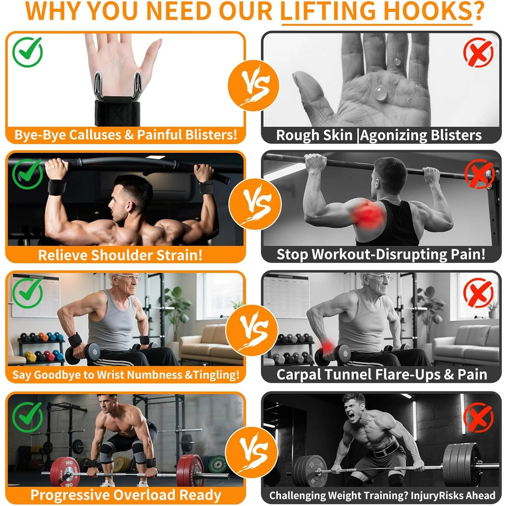 1 Pair Lifting Hooks & Padded Wrist Straps, Deadlift Grips for Weight Lifting, Pull-ups, Shrugs and Powerlifting