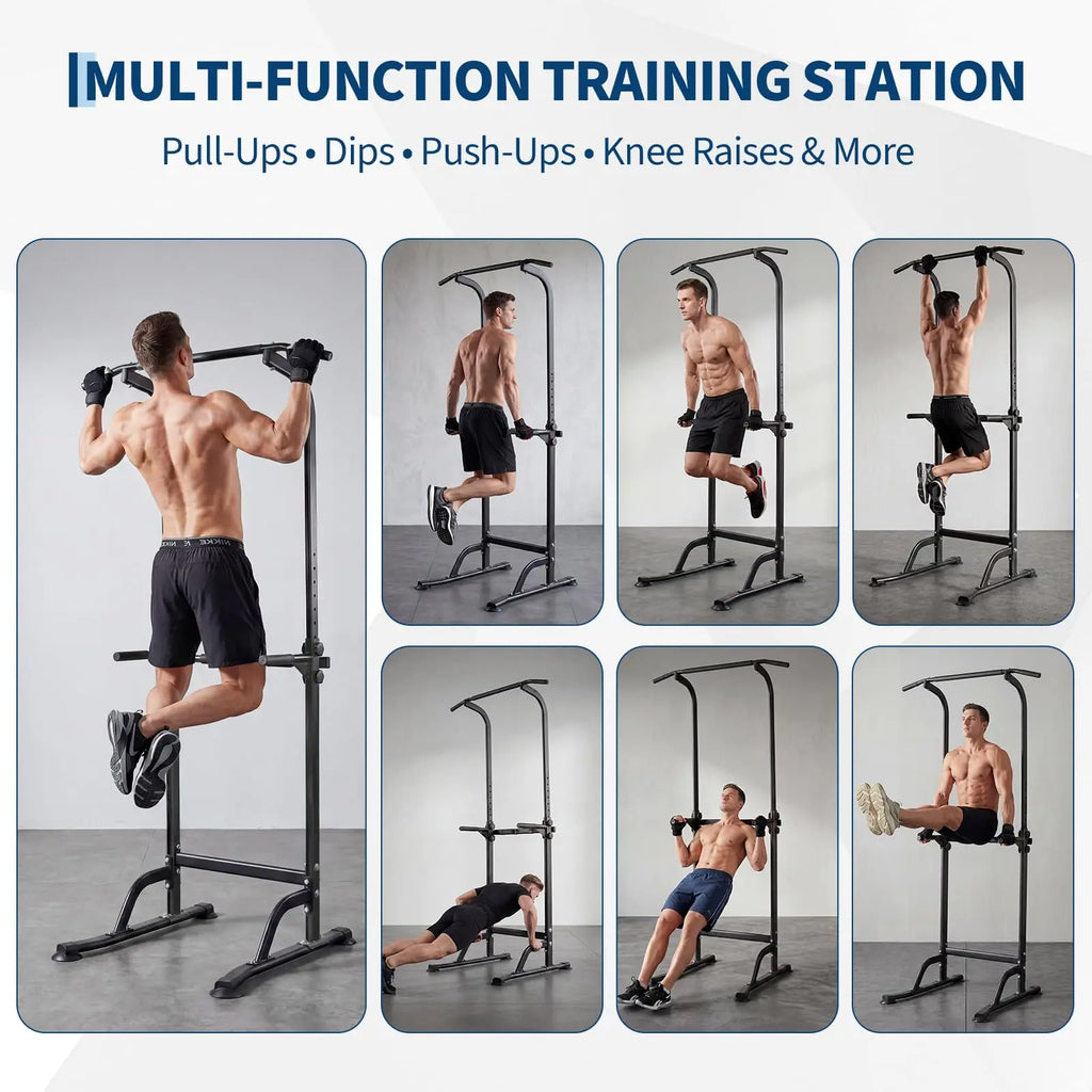 Power Tower Pull Up Dip Station 10 Level Adjustable Height 330 LBS Capacity Heavy Duty Steel Frame Multi Function Home Gym Strength Training Equipment For Full Body Workout
