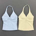 Women Halter Cropped Tank Top V‑Neck Built‑in Padded Bra Sleeveless Stretchy Soft Camisole Yoga Gym Workout Fitness ActiveWear