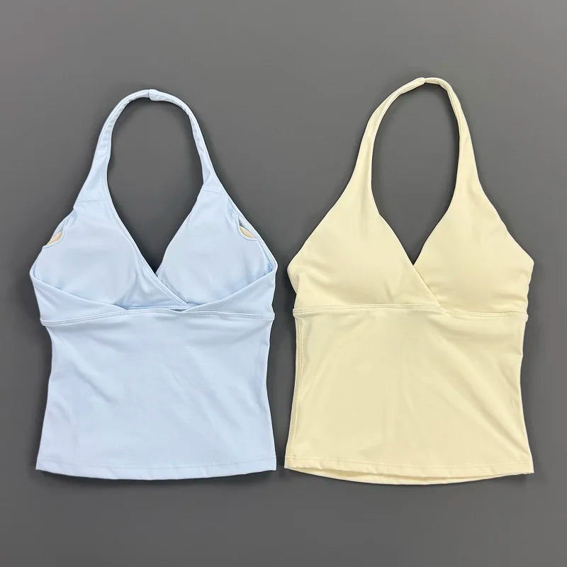 Women Halter Cropped Tank Top V‑Neck Built‑in Padded Bra Sleeveless Stretchy Soft Camisole Yoga Gym Workout Fitness ActiveWear