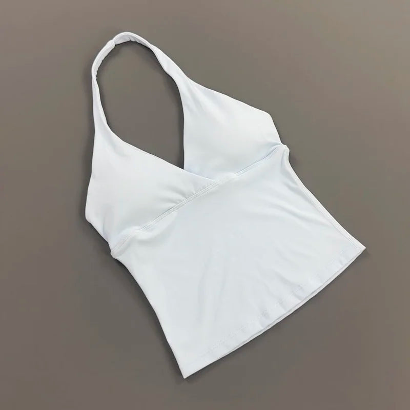 Women Halter Cropped Tank Top V‑Neck Built‑in Padded Bra Sleeveless Stretchy Soft Camisole Yoga Gym Workout Fitness ActiveWear