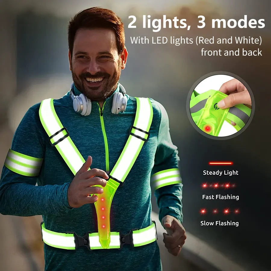 Adjustable Elastic Flashing LED High Visibility Reflective Vest Outdoor Sports Cycling Safety Night Running Vest