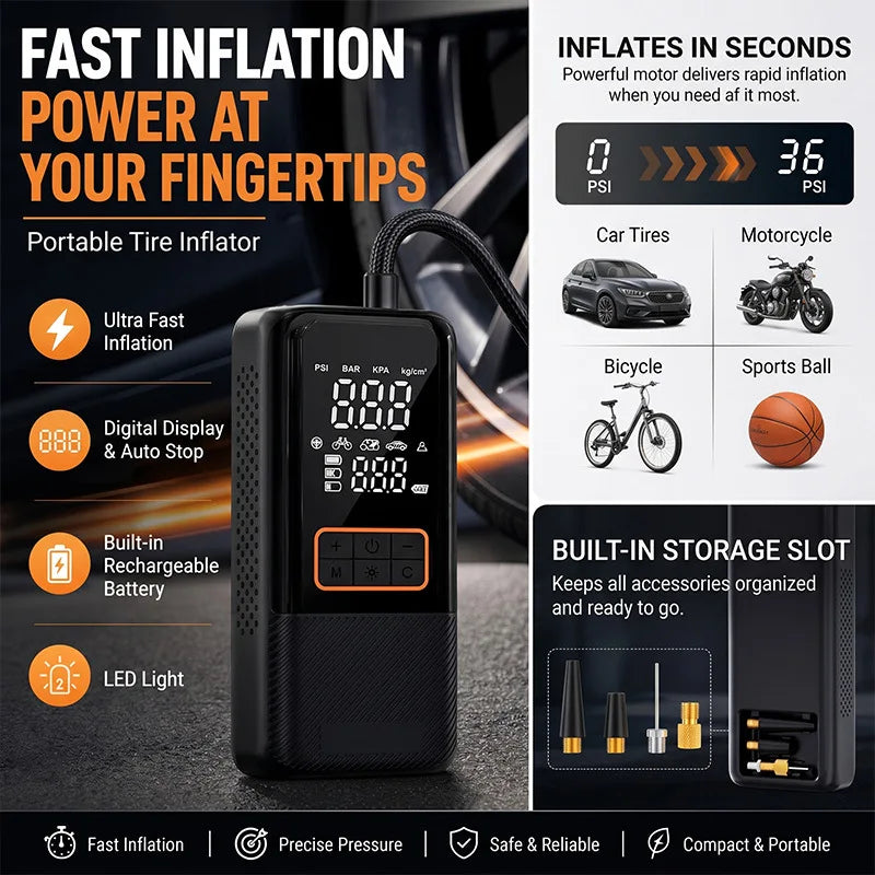 Portable Cordless Motorcycle Air Pump USB Type C Fast Charging Electric Tire Inflator for Bicycle Car Ball And Football