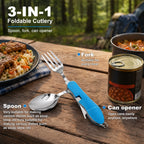 3 In 1 Multi-functional Outdoor Camp Tableware Stainless Steel Foldable Fork Spoon Bottle Opener Kit for Picnic Camping Utensils