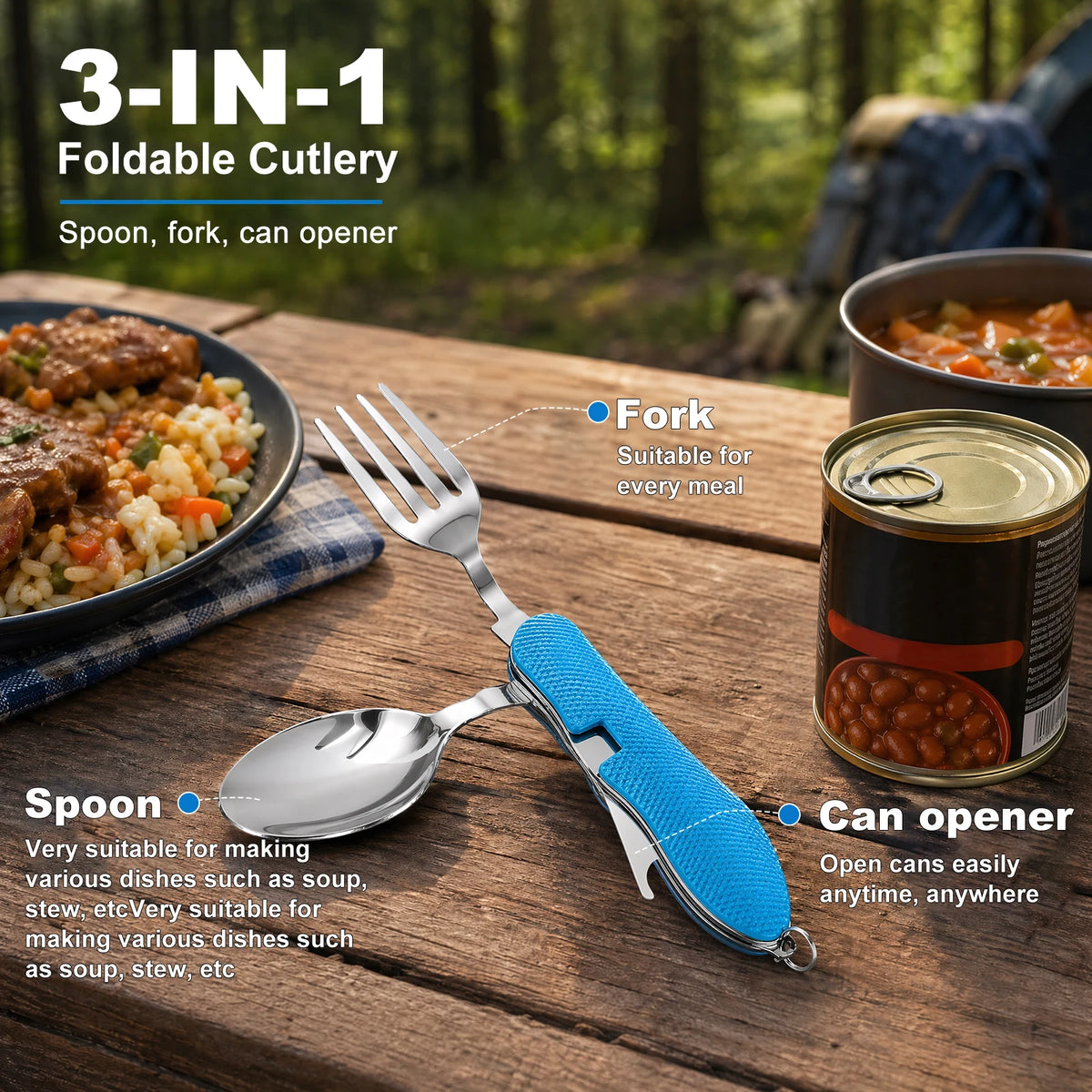 3 In 1 Multi-functional Outdoor Camp Tableware Stainless Steel Foldable Fork Spoon Bottle Opener Kit for Picnic Camping Utensils