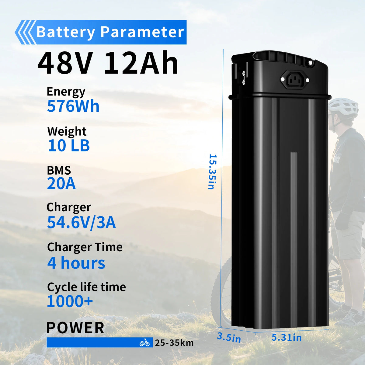 RQTBPOW 48V E-bike Battery, 12Ah/15Ah/20Ah/25Ah E-bike Battery with 3A Charge/Safe Lock/Indicator Light for 0-1200W Electric Bike/Folding Bike/Mountain Bike