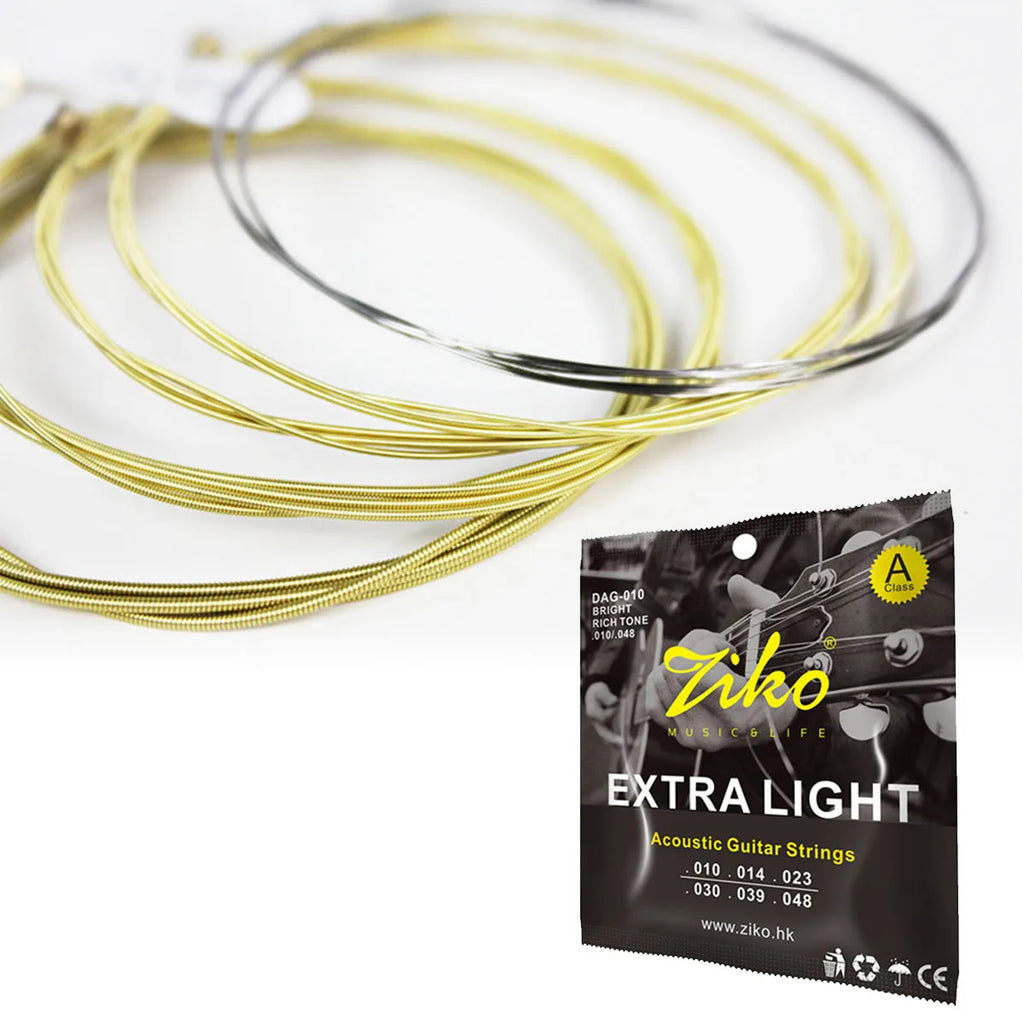ZIKO 1Set DAG-010 Folk Guitar Strings – Brass,010-048, Extra Light Feel, Balanced Sound, Anti-Corrosion Pack, 880mm Length, 6pcs