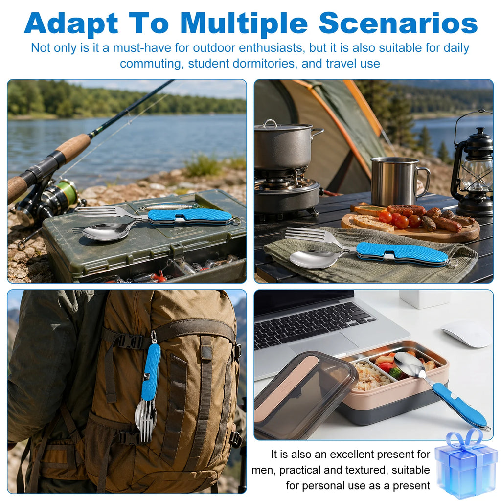 3 In 1 Multi-functional Outdoor Camp Tableware Stainless Steel Foldable Fork Spoon Bottle Opener Kit for Picnic Camping Utensils