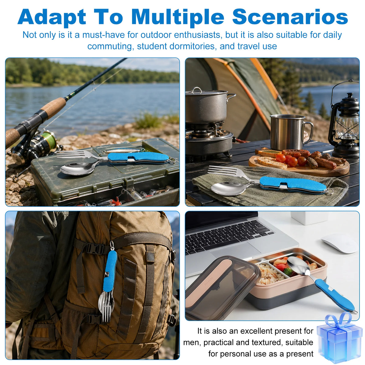 3 In 1 Multi-functional Outdoor Camp Tableware Stainless Steel Foldable Fork Spoon Bottle Opener Kit for Picnic Camping Utensils