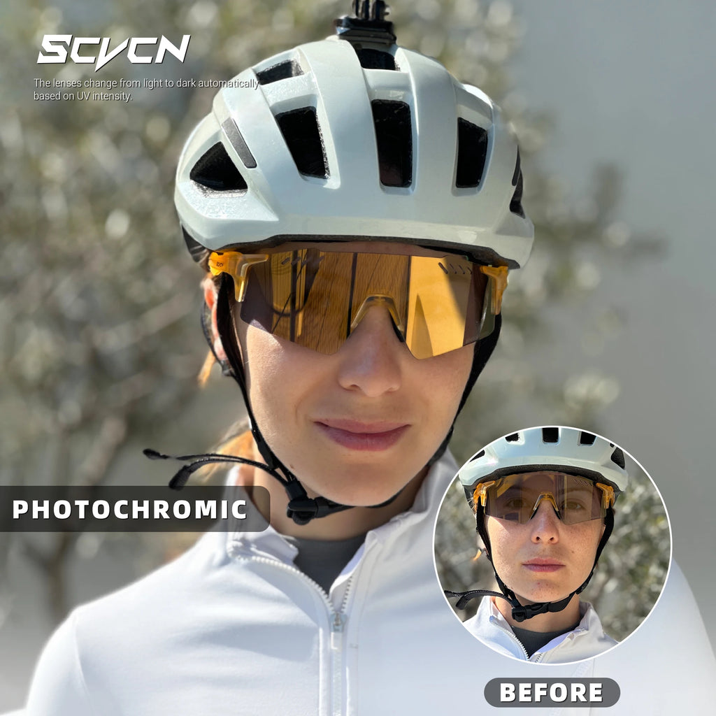 SCVCN Photochromic Bike Cycling Glasses UV400 Bicycle Riding Eyewear Sports MTB Outdoor Sports Golf Camping Driving Eyepieces