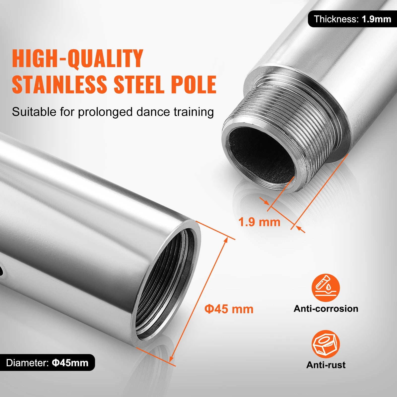 SucceBuy Professional Dancing Pole Spinning Static Dancing Pole Kit Portable Removable Pole 45mm Heavy-Duty Stainless Steel Pole