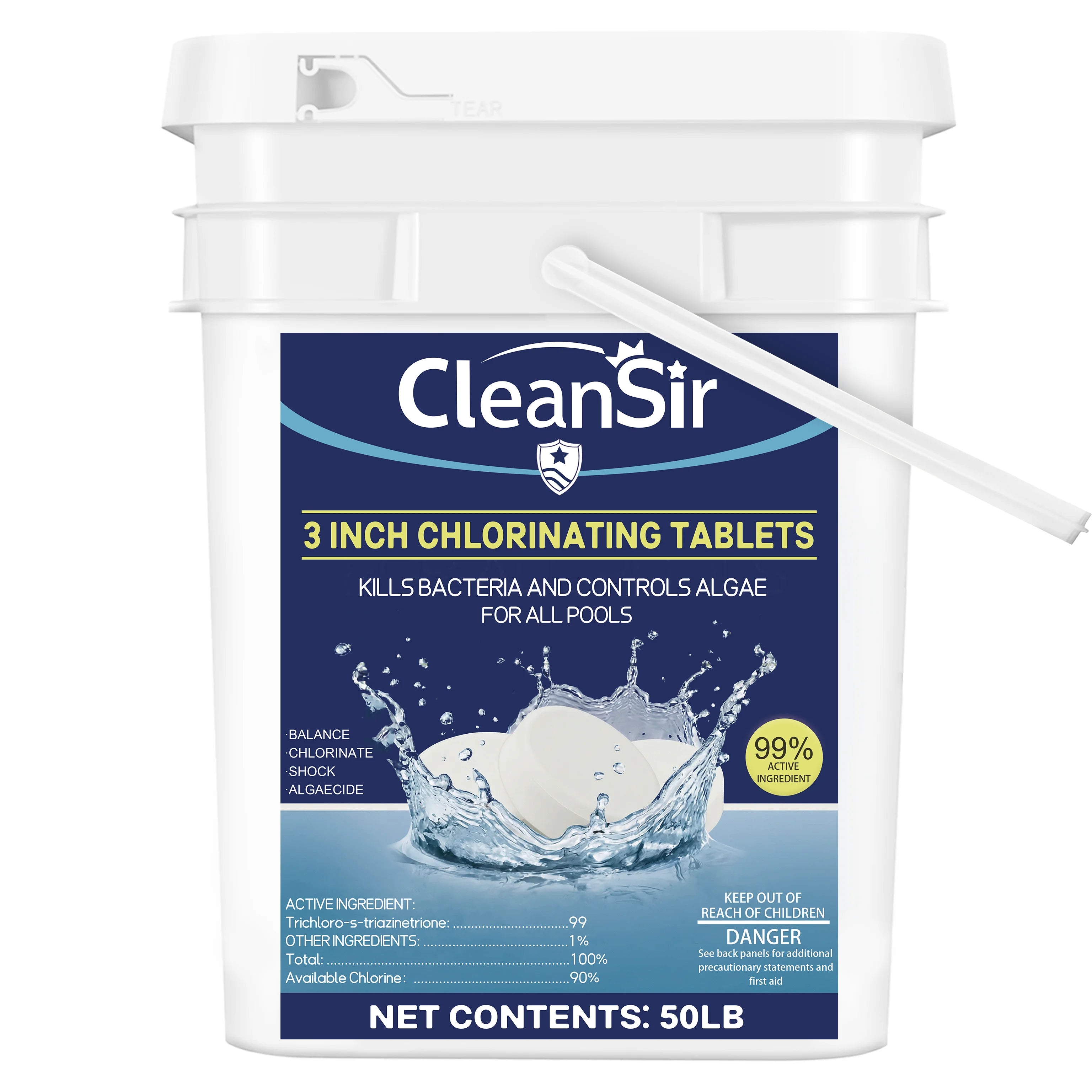 3 Inch Chlorine Tablets 50 LB Bucket, Premium Stabilized Pool Chlorine, Slow Dissolving Long Lasting Swimming Pool Water Treatment and Sanitizer