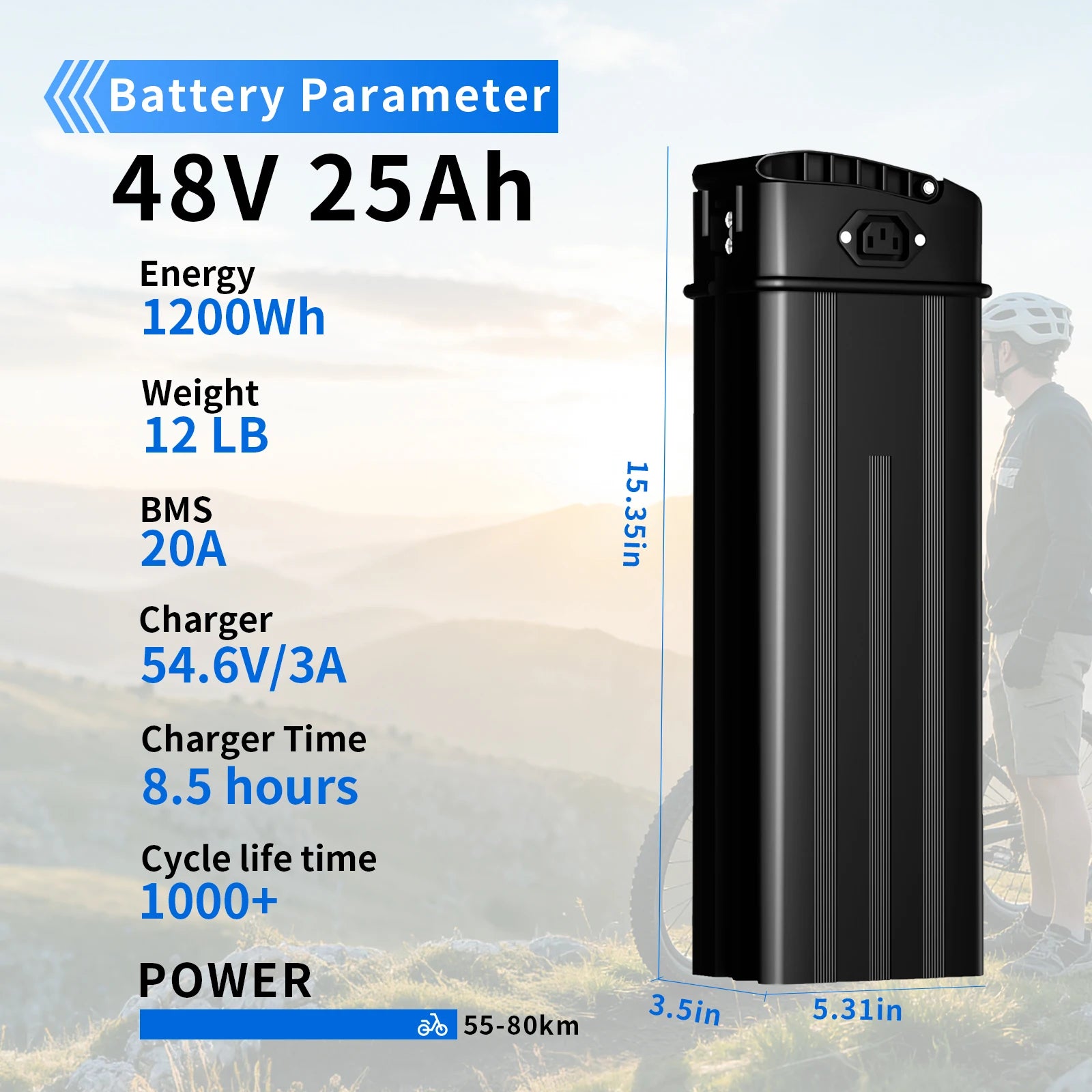 RQTBPOW 48V E-bike Battery, 12Ah/15Ah/20Ah/25Ah E-bike Battery with 3A Charge/Safe Lock/Indicator Light for 0-1200W Electric Bike/Folding Bike/Mountain Bike