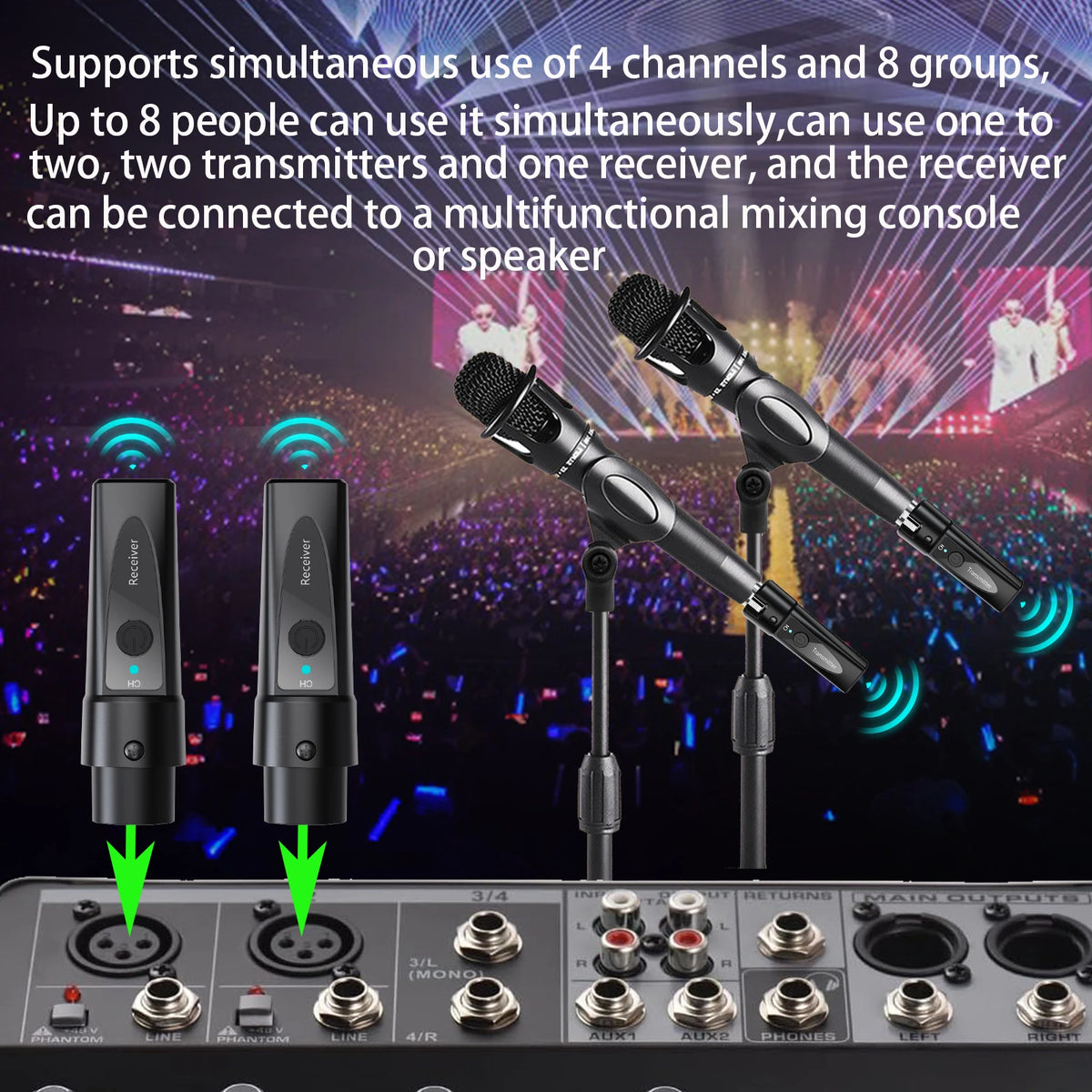 XLR Wireless Microphone Transmitter Receiver，  2.4Ghz Microphone Wireless System, Rechargeable Wireless Mic Adapter for Audio Mi
