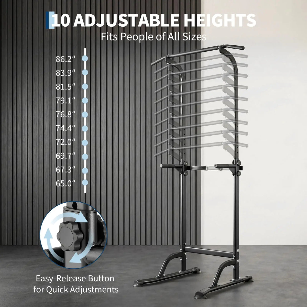 Power Tower Pull Up Dip Station 10 Level Adjustable Height 330 LBS Capacity Heavy Duty Steel Frame Multi Function Home Gym Strength Training Equipment For Full Body Workout