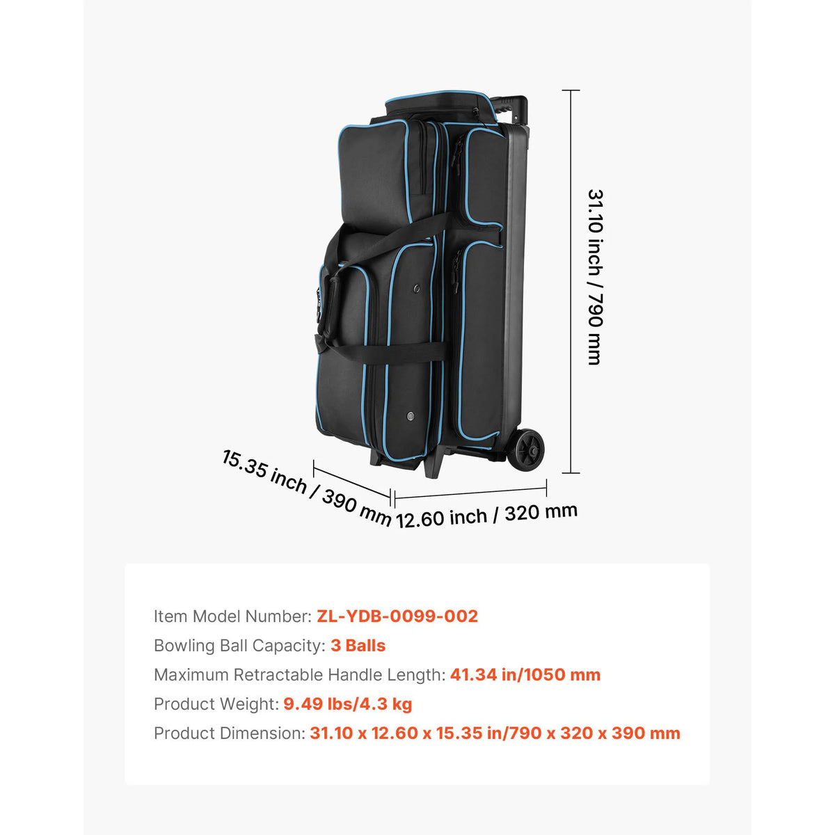 SucceBuy Bowling Ball Bag 3 Ball Double Roller Bowling Bag Featuring a Separate Compartment for Shoes Retractable Handle Extends