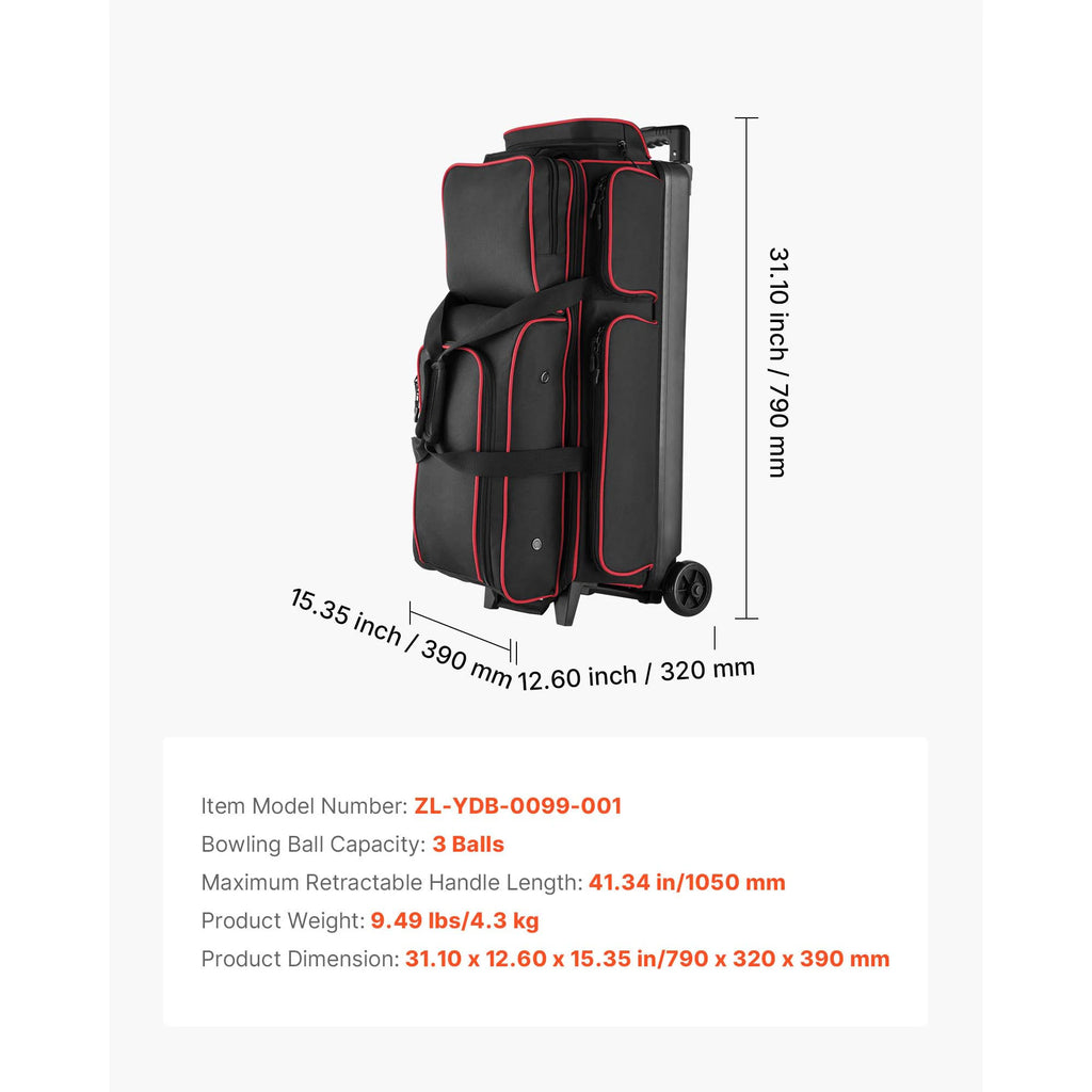 SucceBuy Bowling Ball Bag 3 Ball Double Roller Bowling Bag Featuring a Separate Compartment for Shoes Retractable Handle Extends
