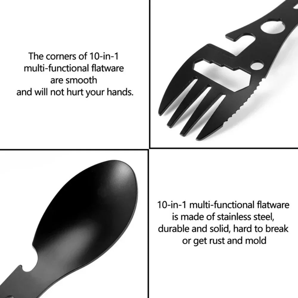 Multifunctional Outdoor Spoon Fork Tool 10 in 1 Survival Kit with Wrench Saw Edge Practical Fork Knife Spoon Bottle/Can Opener