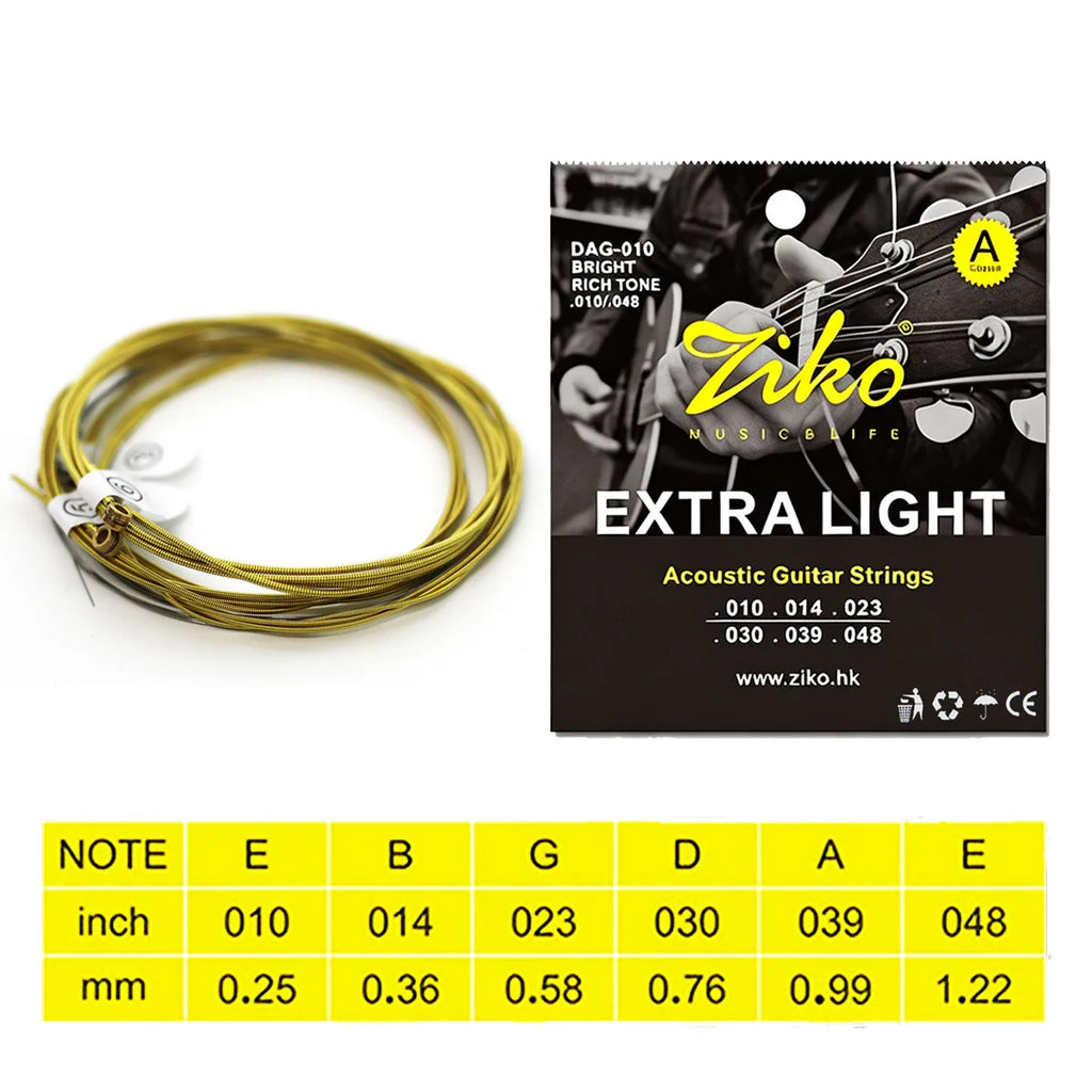ZIKO 1Set DAG-010 Folk Guitar Strings – Brass,010-048, Extra Light Feel, Balanced Sound, Anti-Corrosion Pack, 880mm Length, 6pcs