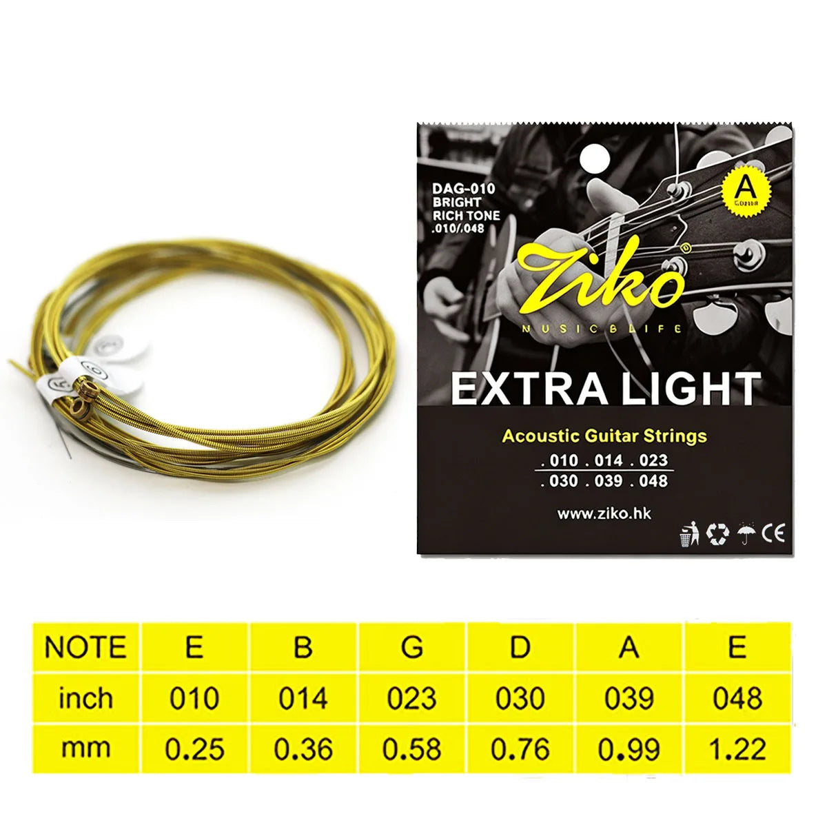 ZIKO 1Set DAG-010 Folk Guitar Strings – Brass,010-048, Extra Light Feel, Balanced Sound, Anti-Corrosion Pack, 880mm Length, 6pcs