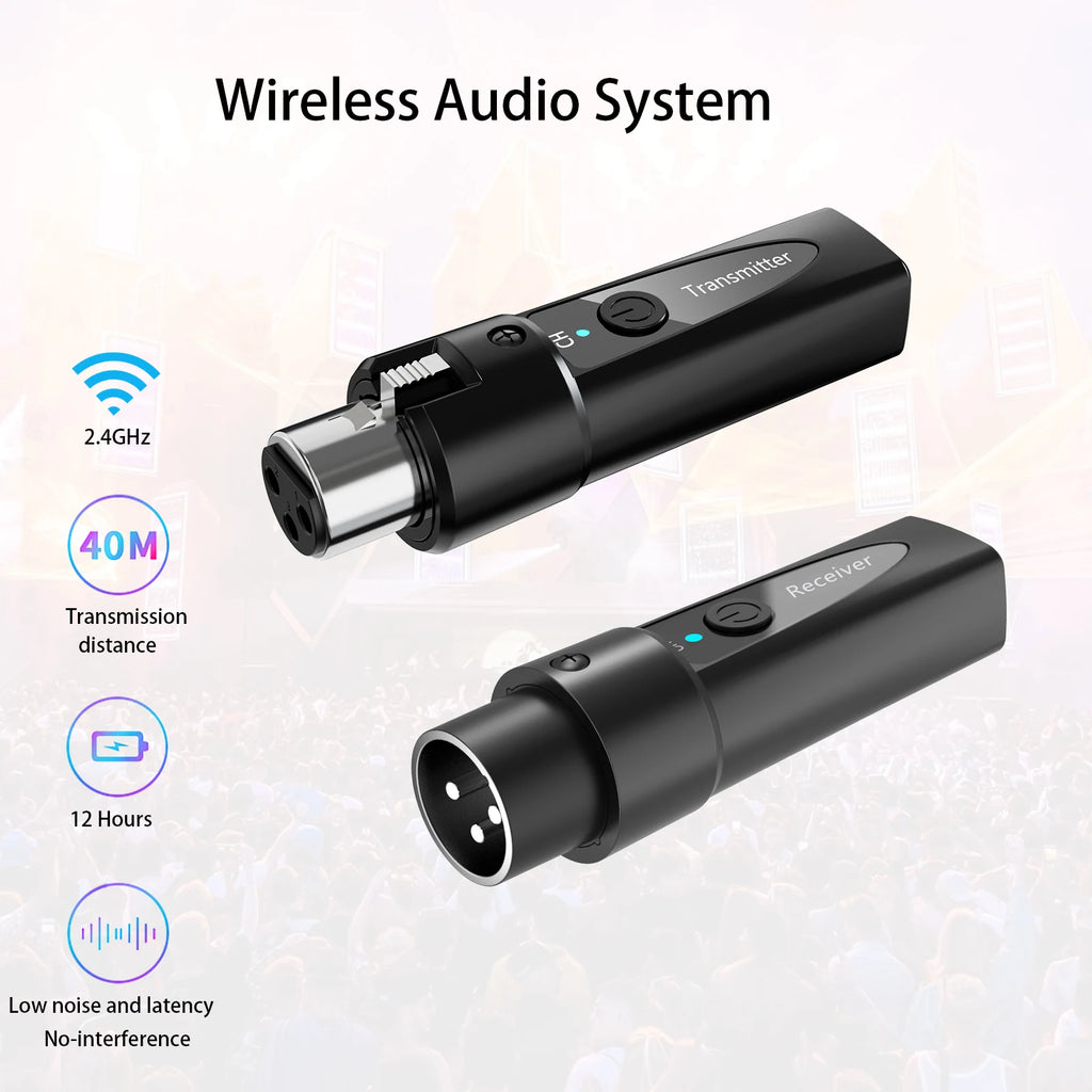 XLR Wireless Microphone Transmitter Receiver，  2.4Ghz Microphone Wireless System, Rechargeable Wireless Mic Adapter for Audio Mi