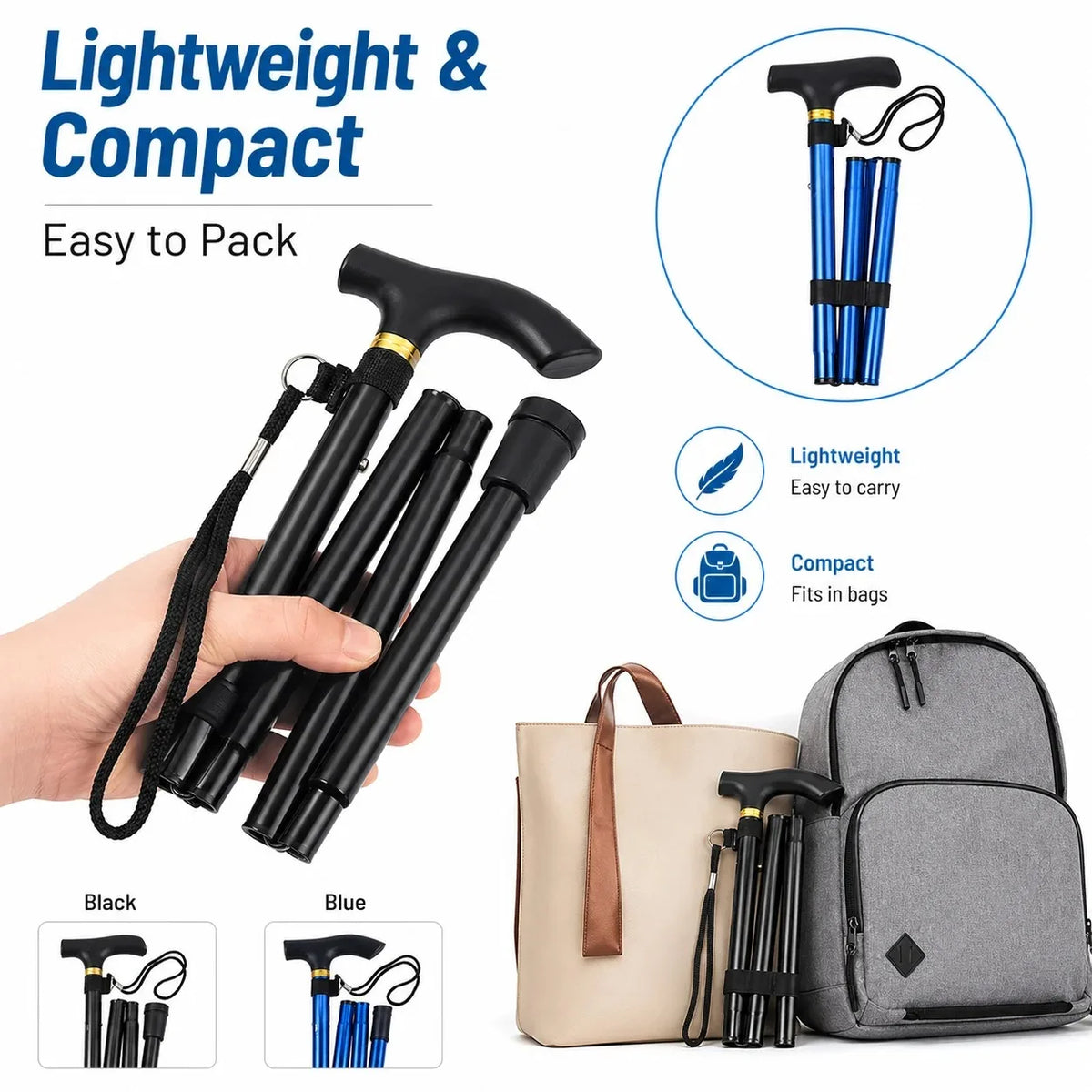 Folding Walking Cane Lightweight Adjustable Portable Travel Walking Stick with Wrist Strap Rubber Tip Blue Black for Daily Trips