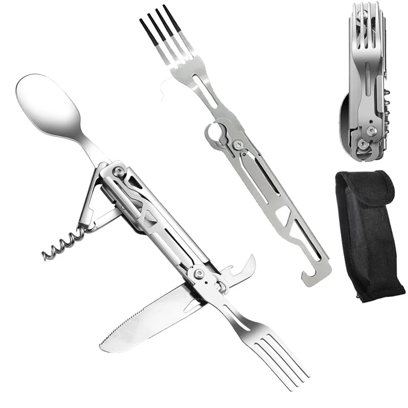 Portable Stainless Steel Foldable Cutlery Set, Knife Fork Spoon Combo, Lightweight Reusable Tableware for Camping Picnic Hiking