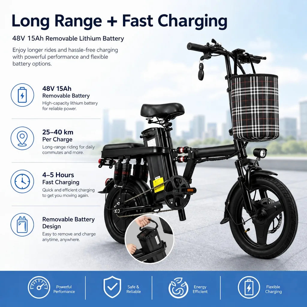 Foldable Electric Bike for Adults 500W 48V 15Ah 14" Tires 8 Shock Absorbers Portable Commuter E-Bicycle Folding Scooter