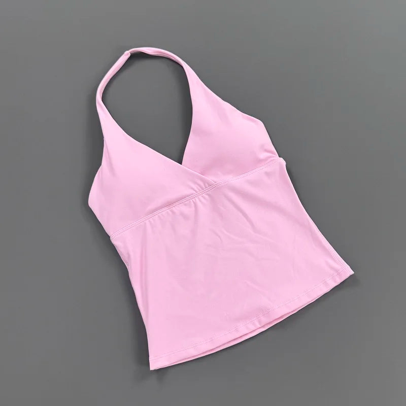 Women Halter Cropped Tank Top V‑Neck Built‑in Padded Bra Sleeveless Stretchy Soft Camisole Yoga Gym Workout Fitness ActiveWear