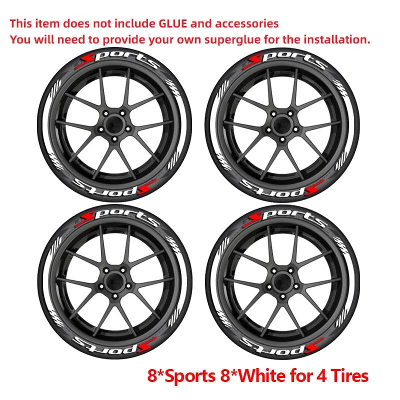 SPORTS Tire Letter Stickers 8PCS for 4 Wheels Universal Rubber Tire Decals Racing JDM Wheel Sidewall Car Accessories DIY