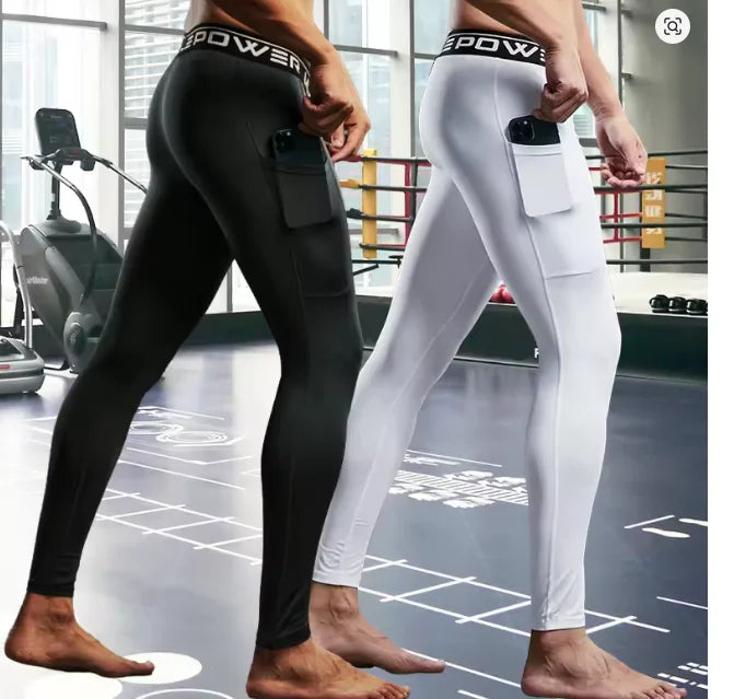 2026 Compression Pant Men Training Gym Leggings with Pockets Running Tights Fitness Basketball Jogging Workout Trouser Polyester