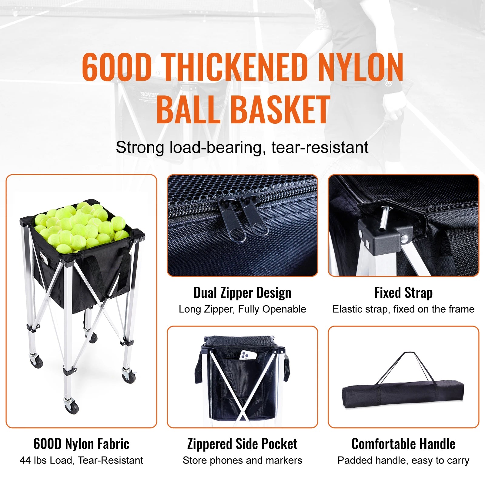 SucceBuy Foldable Tennis Ball Cart Holds 150/180 Tennis Balls Basket Hopper with Wheels for Sports Teaching Baseball Trolley