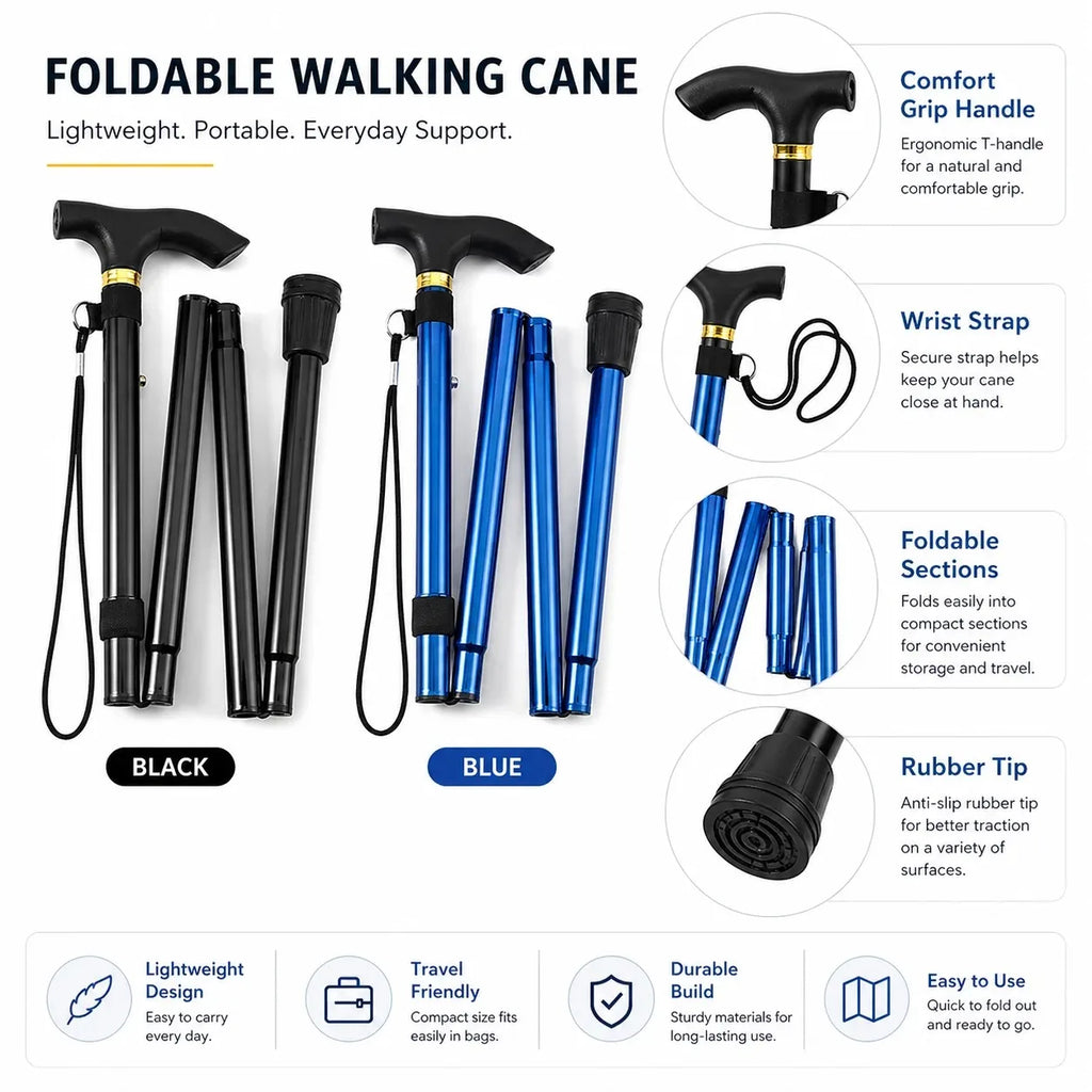 Folding Walking Cane Lightweight Adjustable Portable Travel Walking Stick with Wrist Strap Rubber Tip Blue Black for Daily Trips