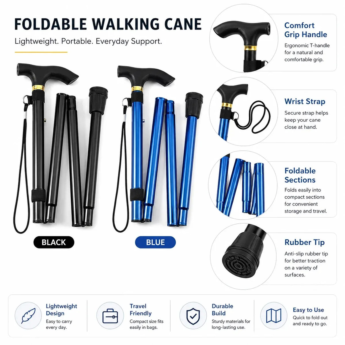 Folding Walking Cane Lightweight Adjustable Portable Travel Walking Stick with Wrist Strap Rubber Tip Blue Black for Daily Trips