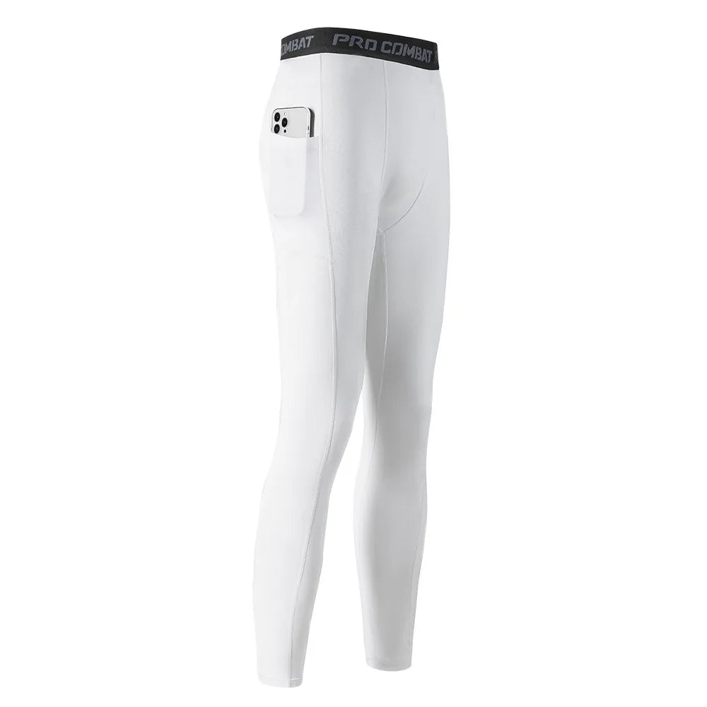 2026 Compression Pant Men Training Gym Leggings with Pockets Running Tights Fitness Basketball Jogging Workout Trouser Polyester