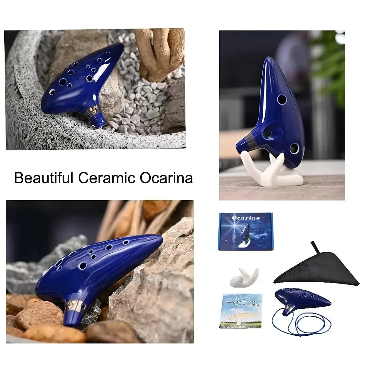Miwayer Professional Alto C Ceramic Ocarina, 12 Tones Portable Musical Instrument with Storage Bag Neck String Music Book