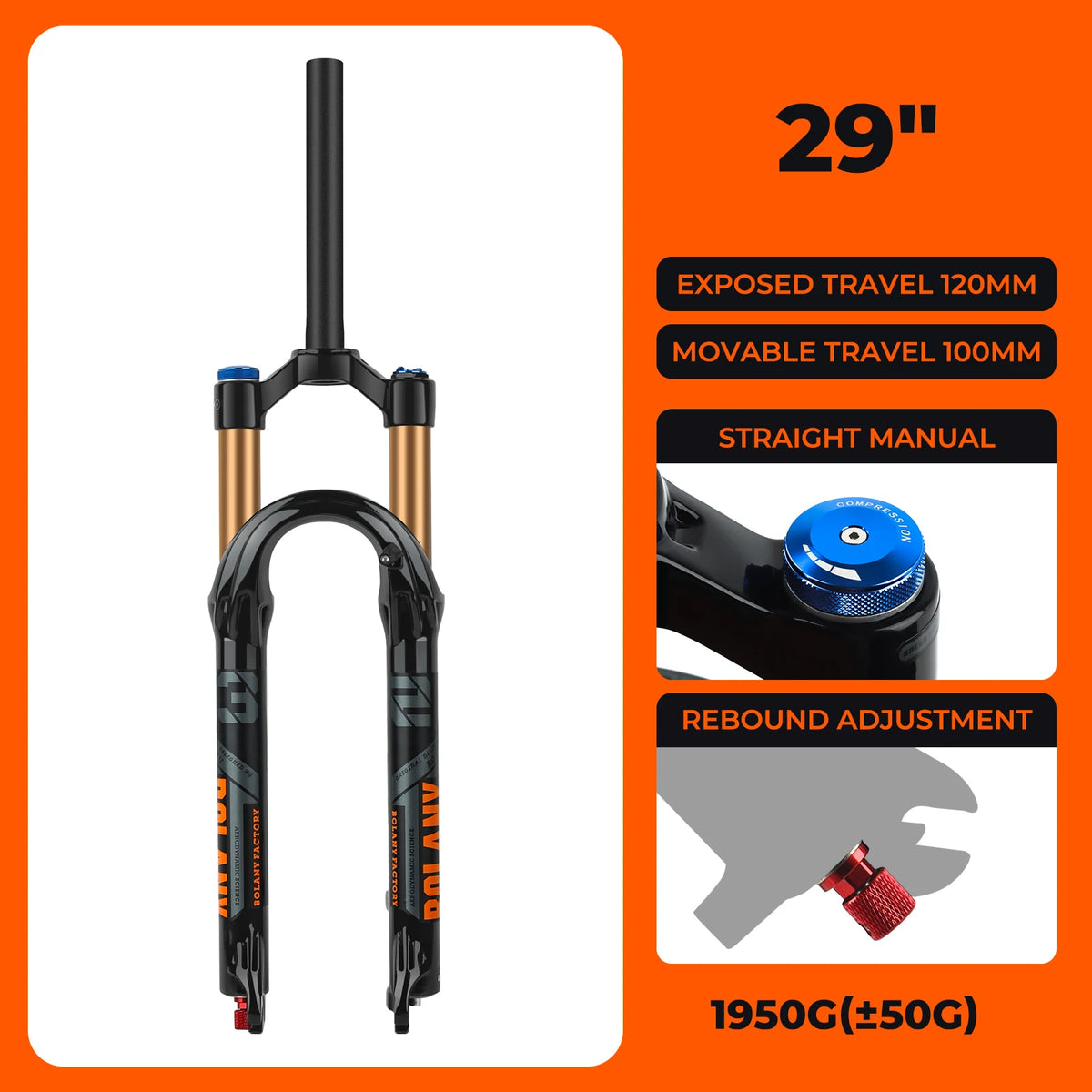 BOLANY Bike Air Fork 27.5/29inch 120mm Travel Oil Air Suspension Lightweight Magnesium Alloy Quick Release Bicycle Fork