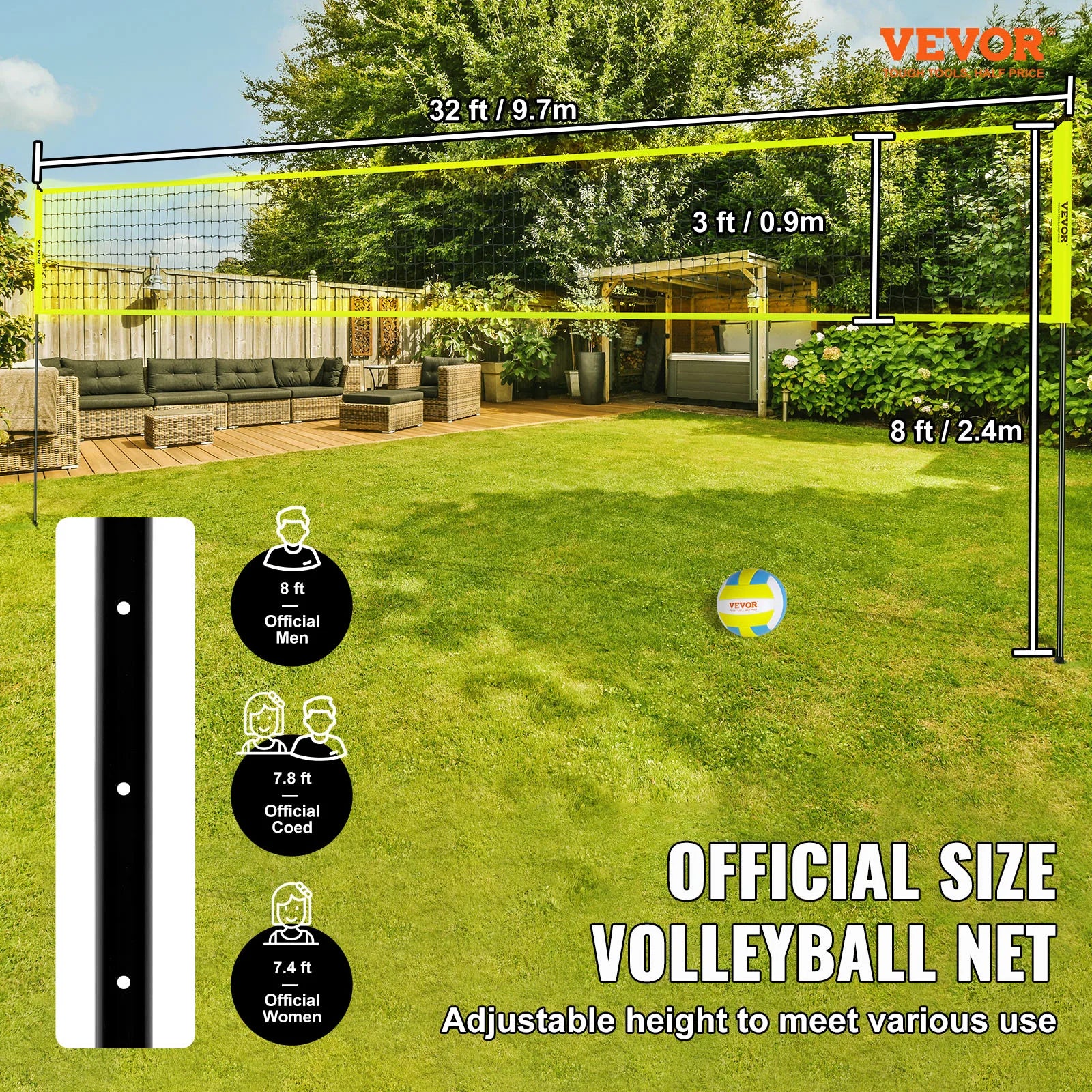 SucceBuy Outdoor Volleyball Net System Adjustable Height Steel Poles with PVC Volleyball Pump Carrying Bag for Backyard Lawn