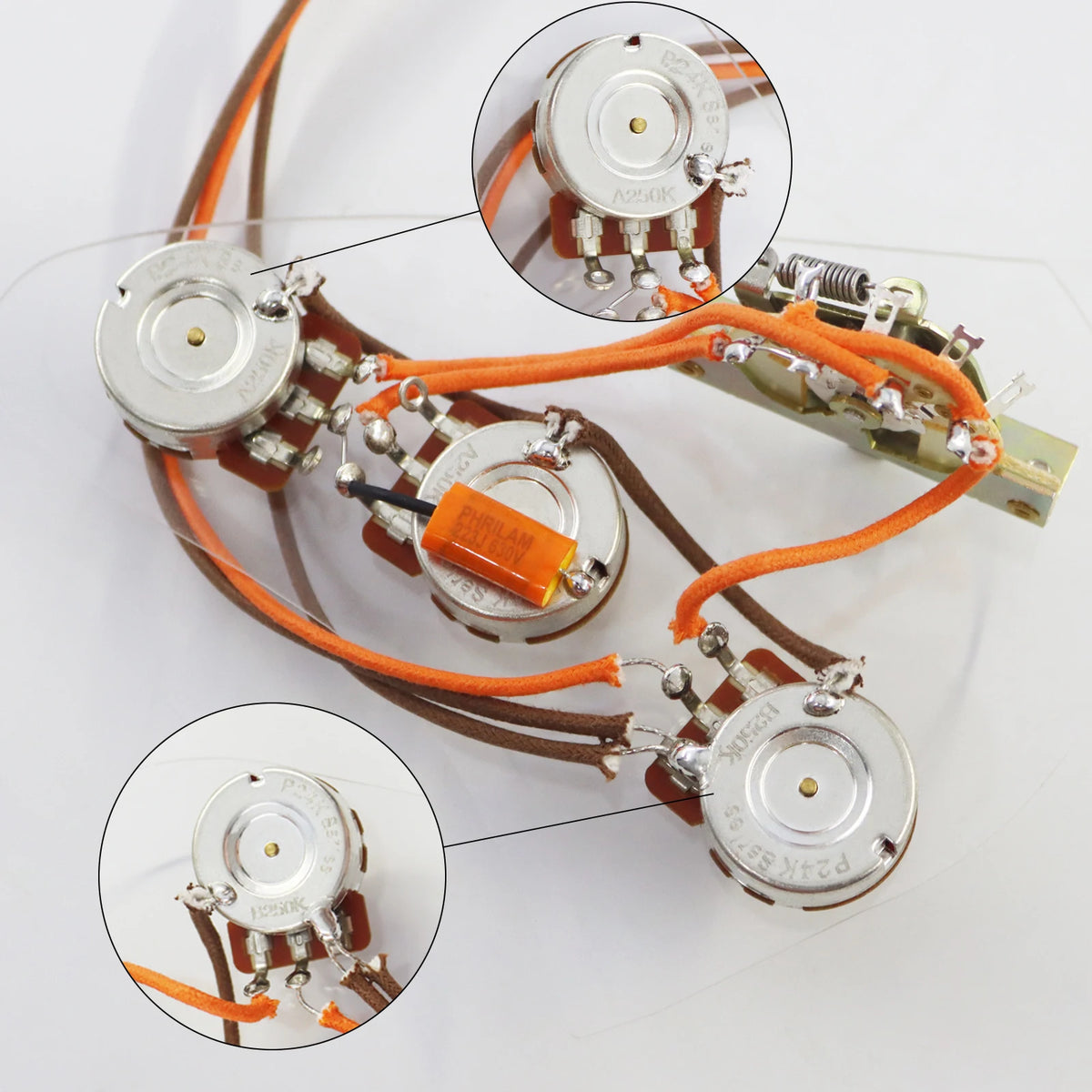 SSS Guitar Standard Wiring Kit (1 Volume/2 Tone, with 5-Position Mechanical Pickup Selector Switchs 6mm 24-Tooth 250kΩ Brass)