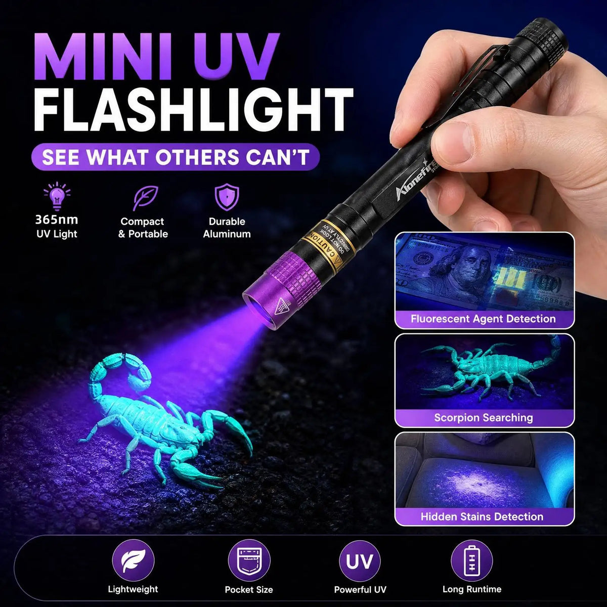 365nm/395nm Mini UV Pen Light Led Flashlight Blacklight Torch Cat Dog Pet Stain Tinea Ink Money Ore Jade Scorpion Detection Lamp