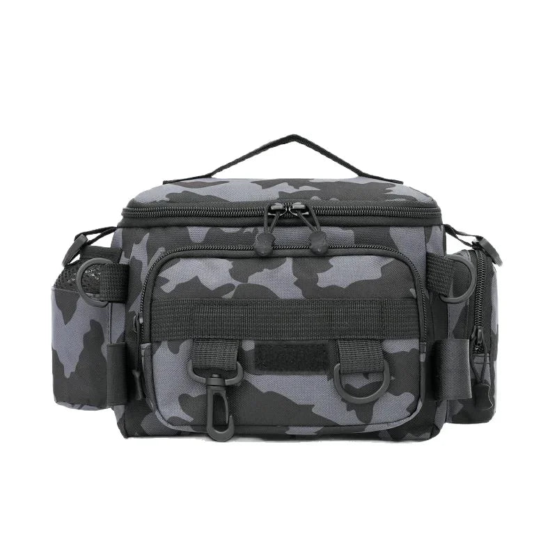 Black Fishing Tackle Shoulder Bag Storage Waist Bag，Outdoor Sports Bag with Fishing Rod Holder