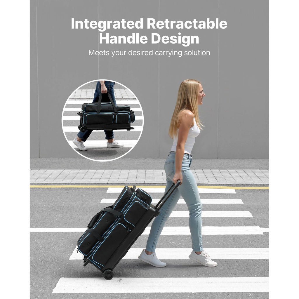 SucceBuy Bowling Ball Bag 3 Ball Double Roller Bowling Bag Featuring a Separate Compartment for Shoes Retractable Handle Extends
