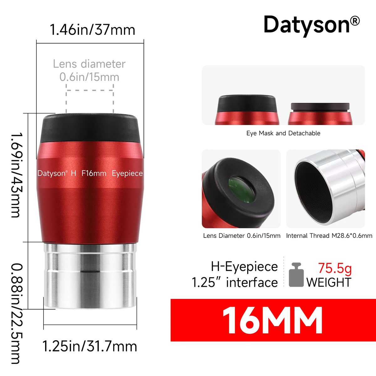 Datyson 1.25' Telescope Eyepiece 4mm 10mm 16mm 20mm Optional- FMC Coated Huygens Eyepieces for Planetary & Deep Sky Observation