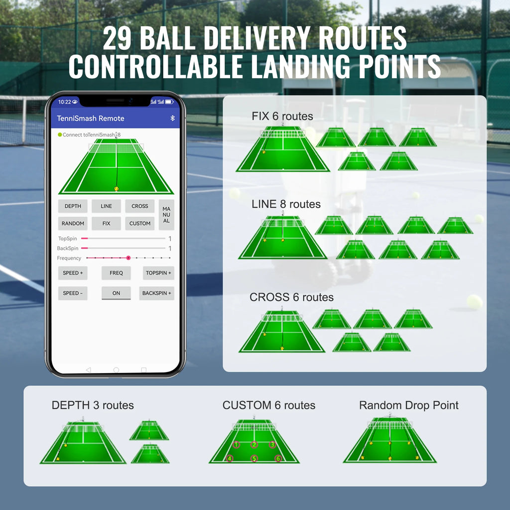 SucceBuy Tennis Ball Machine Automatic Portable Launcher Multi-Mode Drills 2+ Hours Play Rechargeable Battery App Remote Control